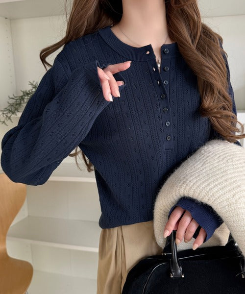 透かし柄にひと目惚れ♪大人フェミニン、アイレット柄ヘンリーネックニット (長袖) ce1020405