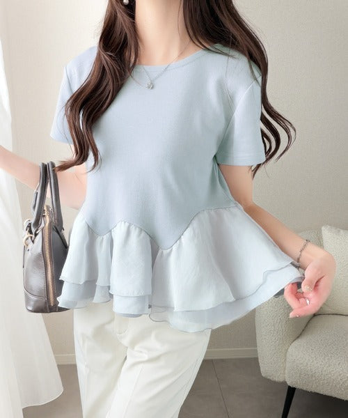 【mily bilet】可憐に揺れて、ときめきを纏う♪前後2wayペプラム切替フリルデザインTシャツ（半袖） mi1019140
