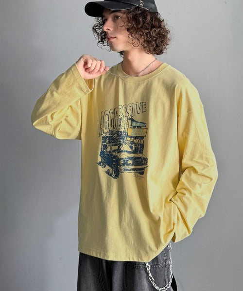 《JaVaジャバコラボ》ヴィンテージ感漂う綿100%クラシックカーグラフィックTシャツ（長袖） jo1150067