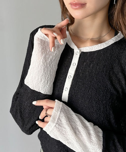 【mily bilet】シンプルさの中にフェミニンさをプラスしたデザイン。袖配色レースヘンリーカットソー（長袖） mi1019107