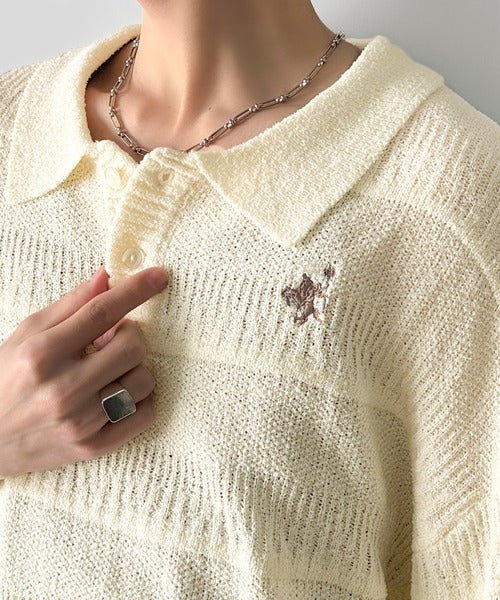 一枚で大人のラフスタイルが決まる。ワンポイント刺繍ブークレポロニットトップス(半袖) cm1260392