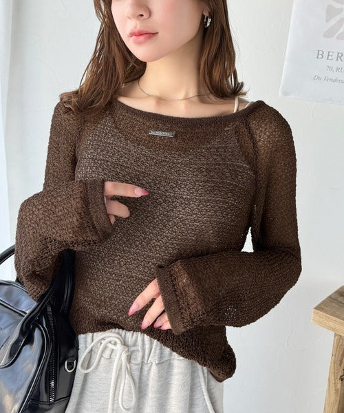 【mily bilet】大人かわいい肌見せを叶える。プレートデザイン前後2WAYメッシュ編み肩リボンニットプルオーバー（長袖） mi1259014