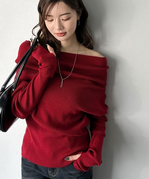 【mily bilet】立体的なシルエットが叶えるデコルテ魅せ♪指穴ドレープ使いファンオフショル２WAYリブニット mi1029137
