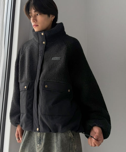《JaVaジャバコラボ》暖かく包み込む、私のもこもこちゃん♪異素材MIXボア×ナイロン切替スタンドカラージャケット jv1240139