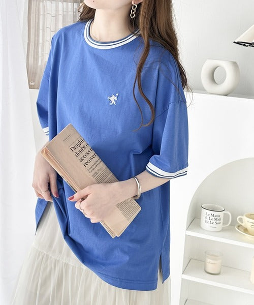 《JaVa ジャバコラボ》大人スポーティー。綿100%シルケット 配色刺繍Tシャツ jv1050074