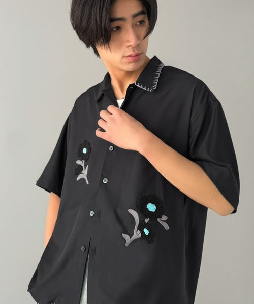 【接触冷感機能付き】サガラ刺繍フラワーステッチシャツ／Cool-Touch Fabric Sagara Embroidered Flower Stitch Shirt (半袖) co1320019