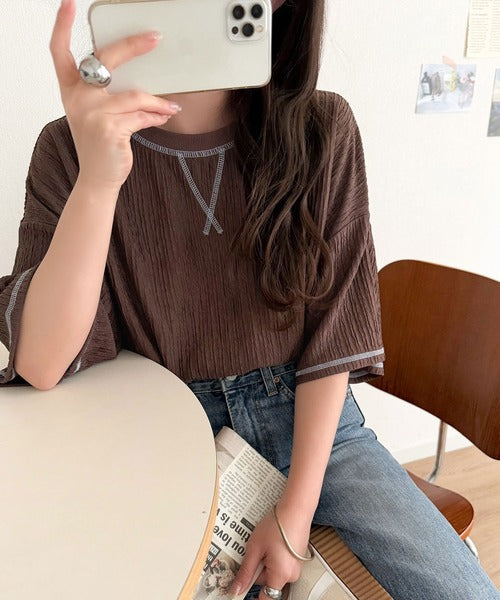 カラーで遊び心をプラス。配色ステッチ楊柳ガゼットトップス (半袖) ce1260626