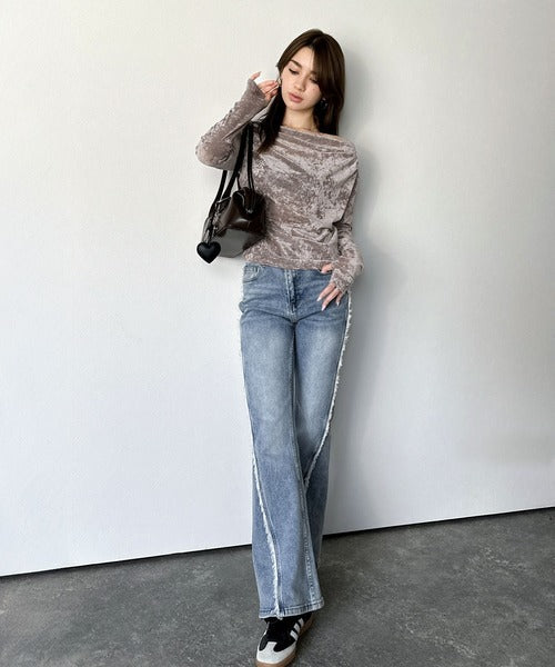 【mily bilet】一歩先のオシャレにアップデート！クラッシュベロアワンオフショルドレーププルオーバー（サムホール付き） mi1269007