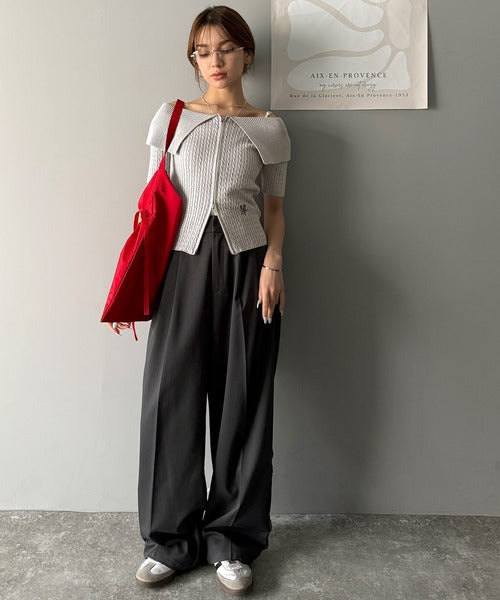 【mily bilet】抜け感レディースタイル。ロゴ刺繍オフショル２WAYダブルジップケーブル柄サマーニット（半袖） mi1029121