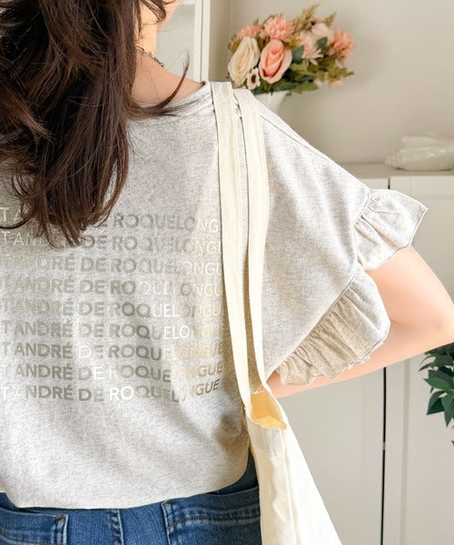 《JaVaジャバコラボ》着るだけで主役級。綿100％バック箔プリント袖フリルTシャツ（半袖） jv1330104