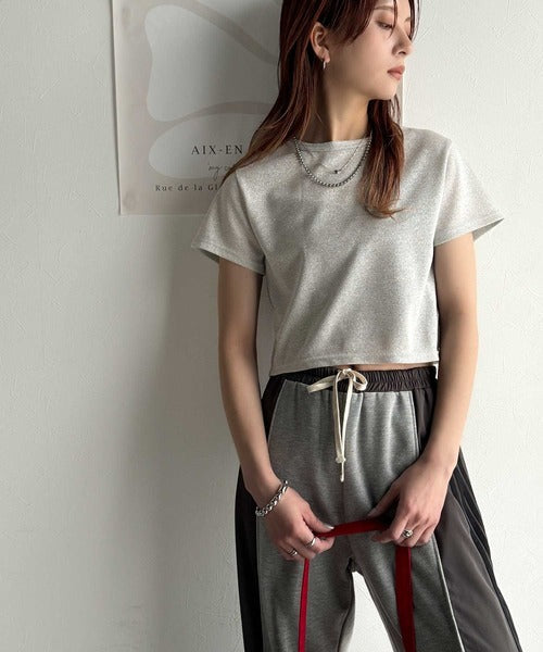 さりげなく輝くラメが主役。ラメ入りショート丈Tシャツ（半袖） ce1110124
