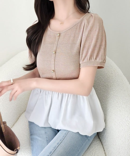 【mily bilet】きゅんとするシルエット。袖タックラメ混テレコリブ×異素材バルーントップス（半袖） mi1359056
