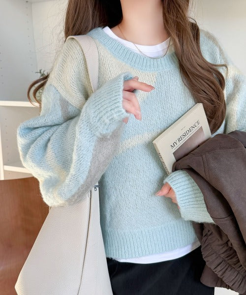 【mily bilet】きゅんモテニット♪柔らかな配色を、ふんわり軽やかに。ニュアンス柄短丈ニットプルオーバー mi1029208