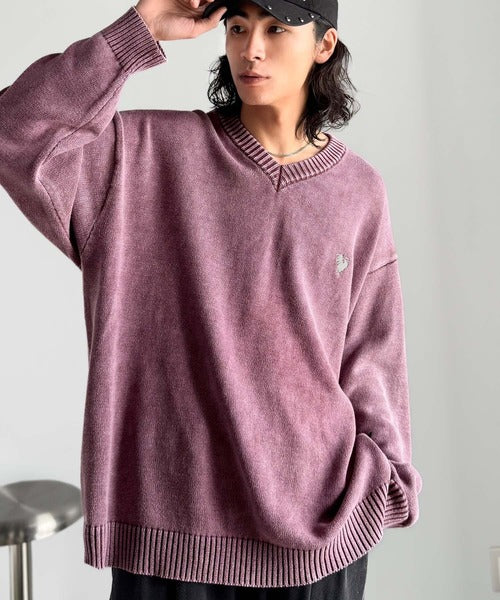 【Classical Origin】「自分ウケ最強。」綿100％刺繍入りピグメント加工Vネックセーター／Pigment-Dyed 100% Cotton Embroidered V-Neck Sweater co0780016