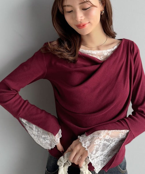 【mily bilet】「ちら見え」が可愛い♪レース切替え胸元ドレープフレアスリーブプルオーバー（長袖） mi1359019