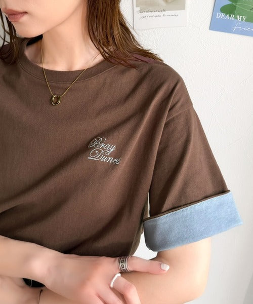 《JaVaジャバコラボ》大人の色魅せ、軽やかに映える。綿100％ 胸刺繍入り 袖配色切り替え Tシャツ（半袖） jv1330106