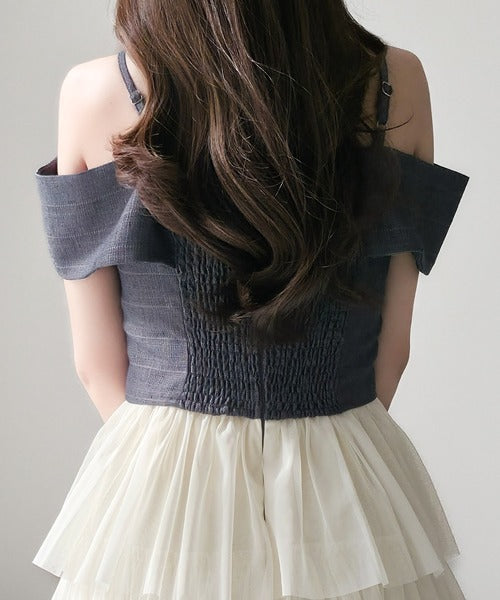 【mily bilet】一枚に大人可愛いを凝縮。リボンデザイントップス×チュールスカートドッキングキャミワンピース (ロング丈) mi1139113