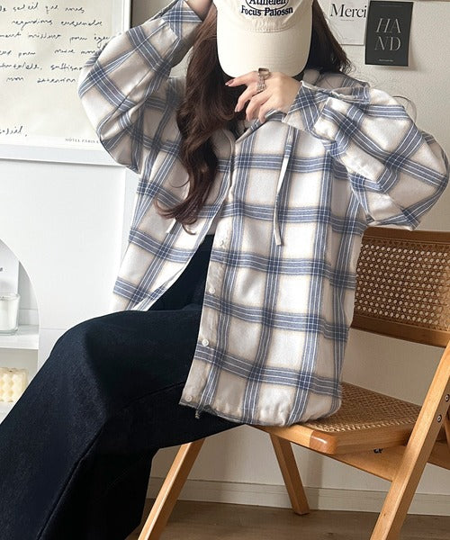 ゆるっと羽織ってかわいくキマる。”旬顔”  裾ドロスト微起毛チェック柄オーバーサイズシャツパーカー ce1010568