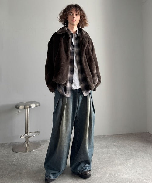 【Classical Origin】「3wayアレンジ可能。」ベルト襟フェイクファー素材ジャケット／Belted Collar Faux Fur Jacket co1150080
