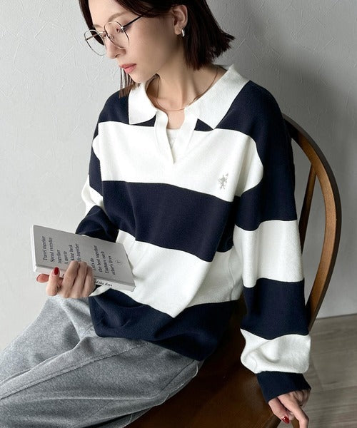 《JaVaジャバコラボ》大人の抜け感をプラス◎胸刺繍ハーフミラノスキッパーニット jv1260490