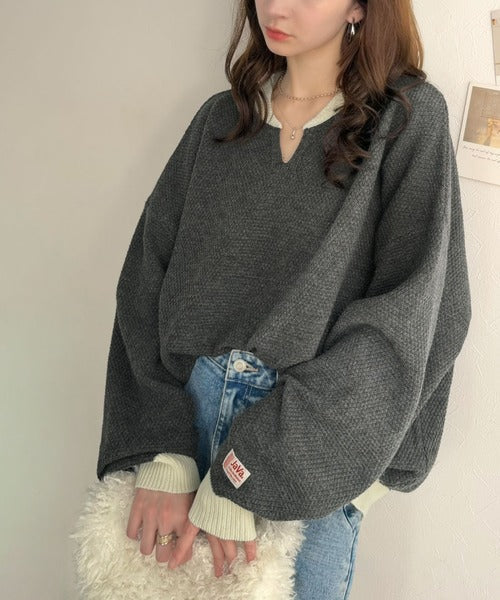 《JaVaジャバコラボ》ざっくり×配色が旬顔。配色スキッパーオーバーサイズ鹿の子編みニット（長袖） jv1410040