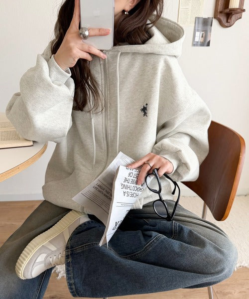 羽織って暖か、さらりと洒落感。胸元ワンポイント刺繍裏起毛ダブルジップパーカー（長袖） ce1260601