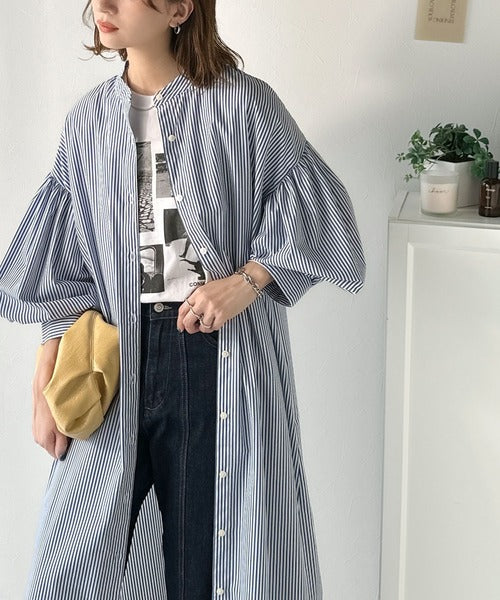 着方自在でロングシーズン活躍◎柄アソートバンドカラービッグシャツワンピ ce1010478