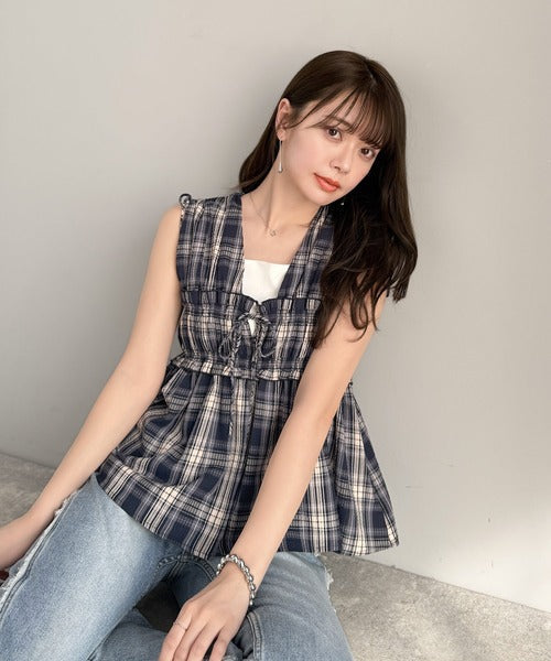 【mily bilet】甘く揺れて、ときめき重なる♪ノースリーブリボンギャザーベストブラウス mi1019117