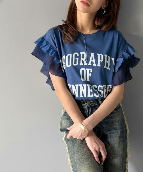 【mily bilet】可愛さふわり2倍増し！ ダブルフリル袖カレッジライクロゴゆるTシャツ mi1329036