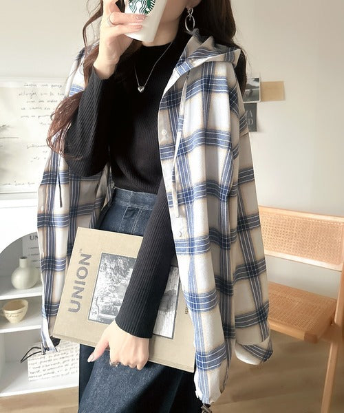 ゆるっと羽織ってかわいくキマる。”旬顔”  裾ドロスト微起毛チェック柄オーバーサイズシャツパーカー ce1010568