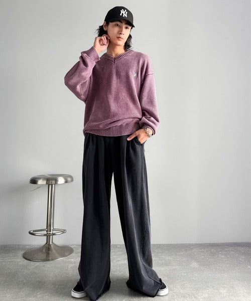 【Classical Origin】「自分ウケ最強。」綿100％刺繍入りピグメント加工Vネックセーター／Pigment-Dyed 100% Cotton Embroidered V-Neck Sweater co0780016