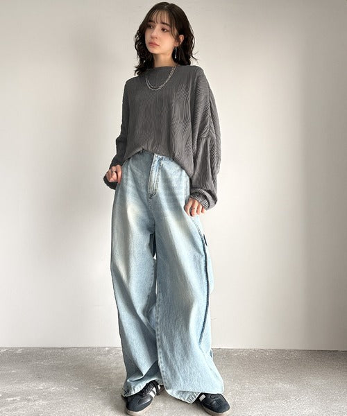 ゆるさとスタイリッシュを両立。オーバーサイズウェーブ柄ジャガード長袖Ｔシャツ cm1010428