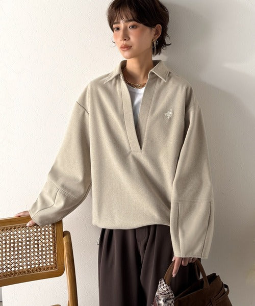 【Classical Evon】優しい温もり、上品見え。圧縮ニット襟付きキーネックプルオーバー ev1110143