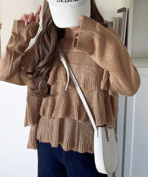 ふんわり大人フェミニン♪ティアードフリルモヘアタッチメッシュ編みニット（長袖） ce1260477