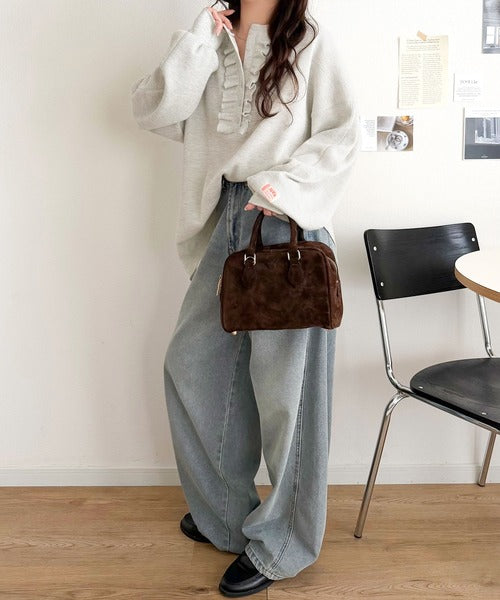 《JaVaジャバコラボ》ラフなのに、ほんのり甘い。ワッフルフリルヘンリーネックトップス（オーバーサイズ） jv1020409