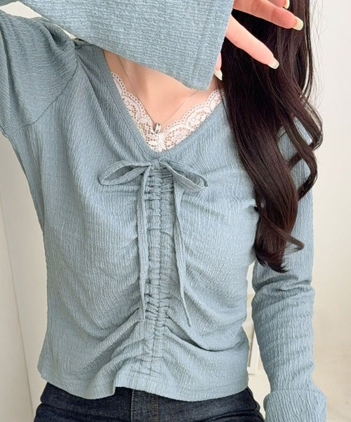 【mily bilet】レース×シャーリングで、甘さをひとさじ。レースドッキングパフスリーブジャガードトップス（長袖） mi1359080