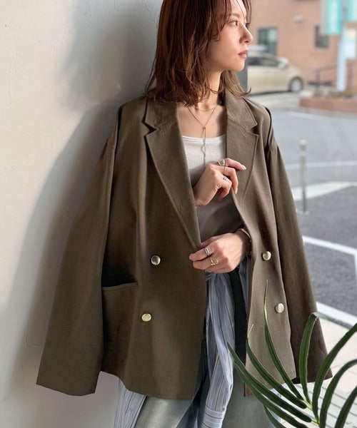 【UVカット、防シワ、接触冷感、吸水速乾機能付き】さらり羽織れるライトさで、楽なのに上品見え。ビックシルエット金ボタンダブルジャケット ce1265041