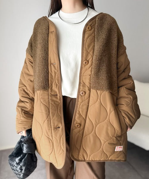《JaVaジャバコラボ》軽くて暖かい、旬顔ボア切替♪ノーカラーひょうたんキルティングコート jv1240103