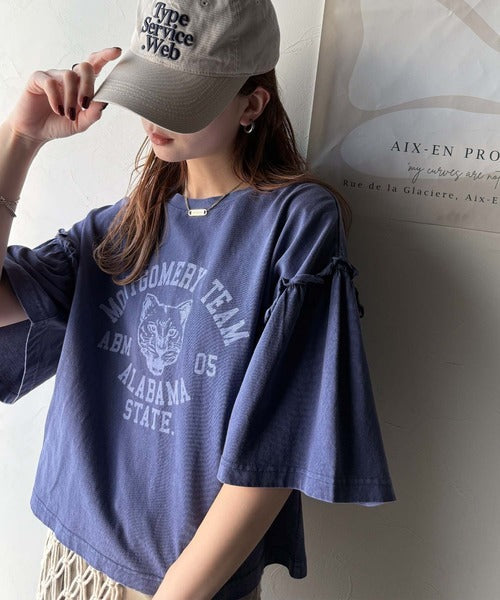 レディなヴィンテージスタイル。綿100％カレッジピグメント袖フリルTシャツ ce1020221