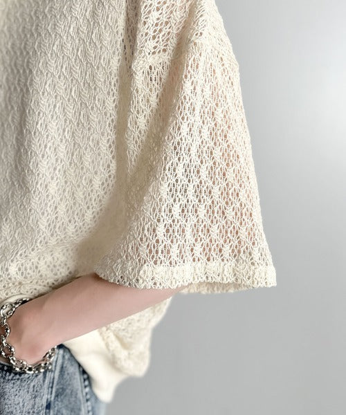 「透け感、モードの余韻。」衿ダブルライン使いレース柄ニットポロシャツ/Lace Detail Knit Polo Shirt co1010010