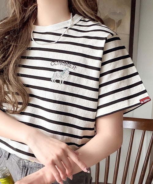 《JaVa ジャバコラボ》大人の遊び心をプラス。綿100％オオカミ刺繍Tシャツ（半袖） jv1330074