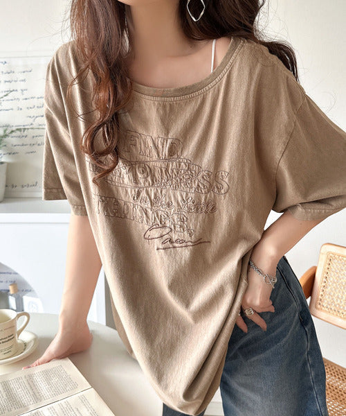 綿100%メンズライクヴィンテージウォッシュ☆前後2way刺繍ワイドネックTシャツ ce1260421