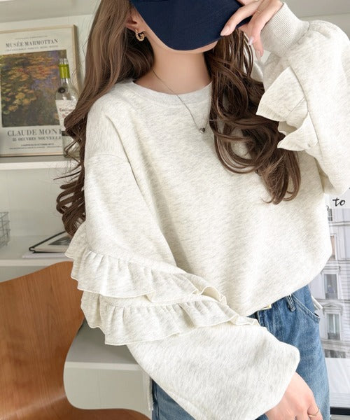 《JaVaジャバコラボ》6色展開♪スウェット界の甘さ革命!!!着心地あったか！袖2段フリル裏起毛オーバーサイズスウェット jv1010683