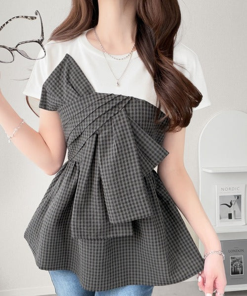 【mily bilet】忙しい朝も悩まない、初夏の一軍トップス。リボンビスチェドッキングTシャツ (半袖) mi1019145