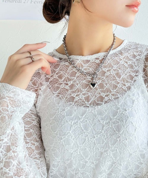 【mily bilet】着るだけでおしゃれ度UP！シアージャガード総レースサイドサテンリボントップス（長袖） mi1019079