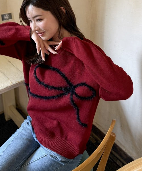 【mily bilet】ゆるっと可愛げ、ふわっと存在感。リボンフェザーコード刺繍ニット（長袖） mi1029130