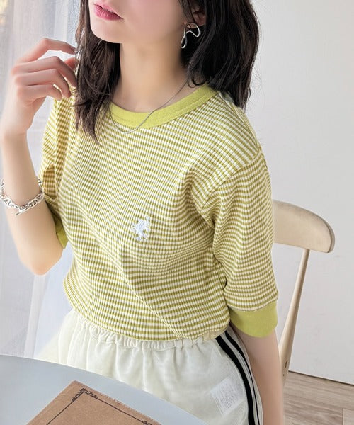 大人可愛いの新定番。袖リンガーボートネック胸刺繍ボーダーTシャツ（半袖） ce1260419