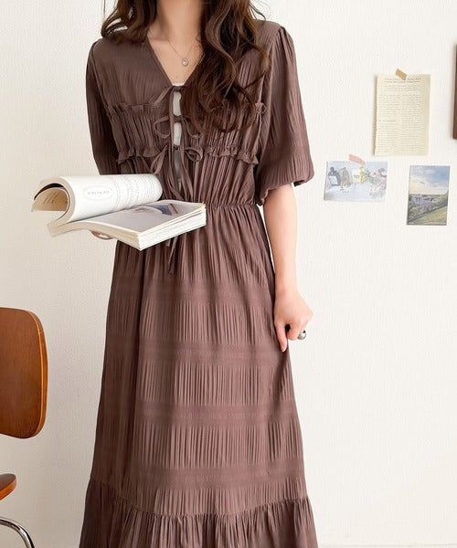 【mily bilet】1枚で華やぐ♪揺れ感シアーフリルリボンプリーツロングワンピース mi1019134