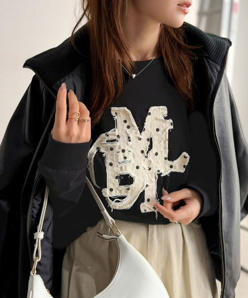 【mily bilet】"秋もこの子と一緒♪"ヴィンテージライクな存在感。ドットデニムフリンジワッペン使いロンT(長袖) mi1329133
