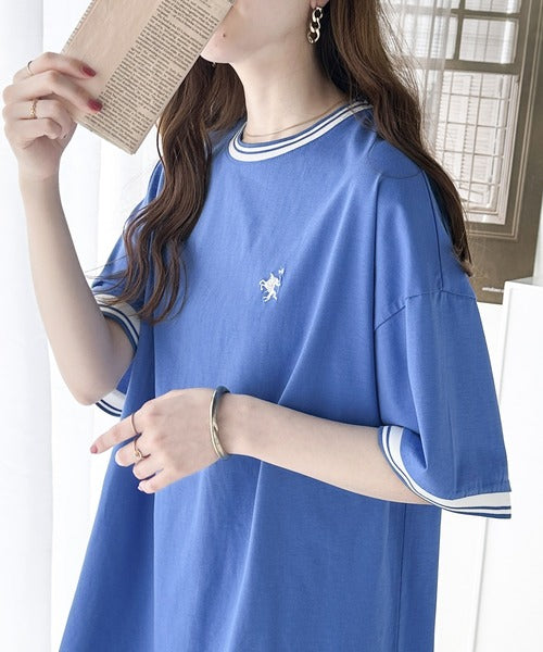 《JaVa ジャバコラボ》大人スポーティー。綿100%シルケット 配色刺繍Tシャツ jv1050074